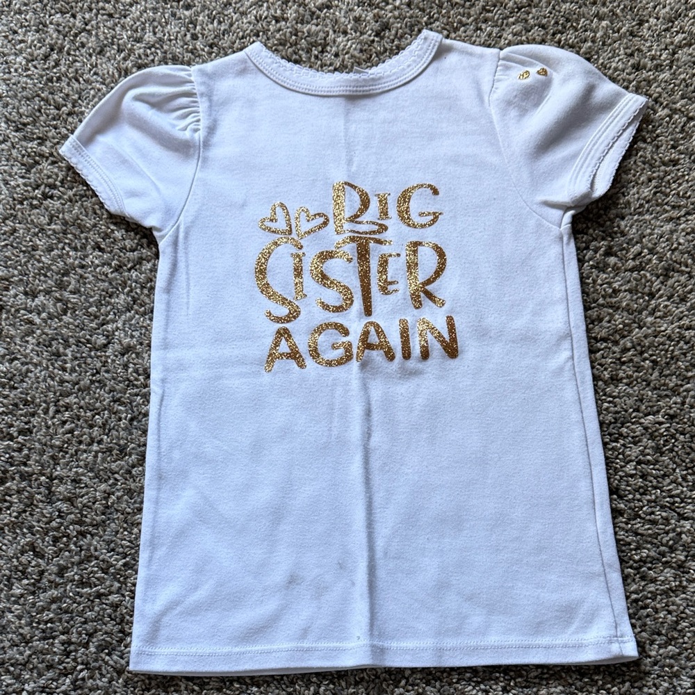 Charming White 'Big Sister Again' Tee with Gold Accents